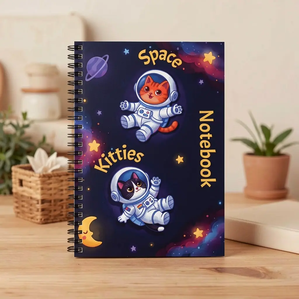 Space Kitties Kawaii Cartoon Spiral Notebook for Cat Lovers and Students Cosmic Galaxy Stationery Astronaut Kitten Gift Journal