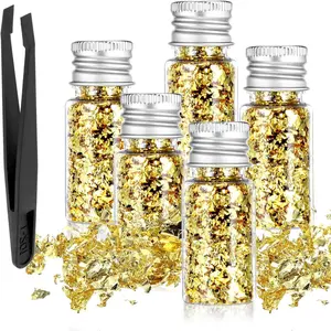 5Pcs Decorative Gold Leaf Multifunction Gold Flakes Cake Decoration Baking Foil Decor with Plastic Tweezers for Cooking Dessert Steak Decoration Crafts Makeup