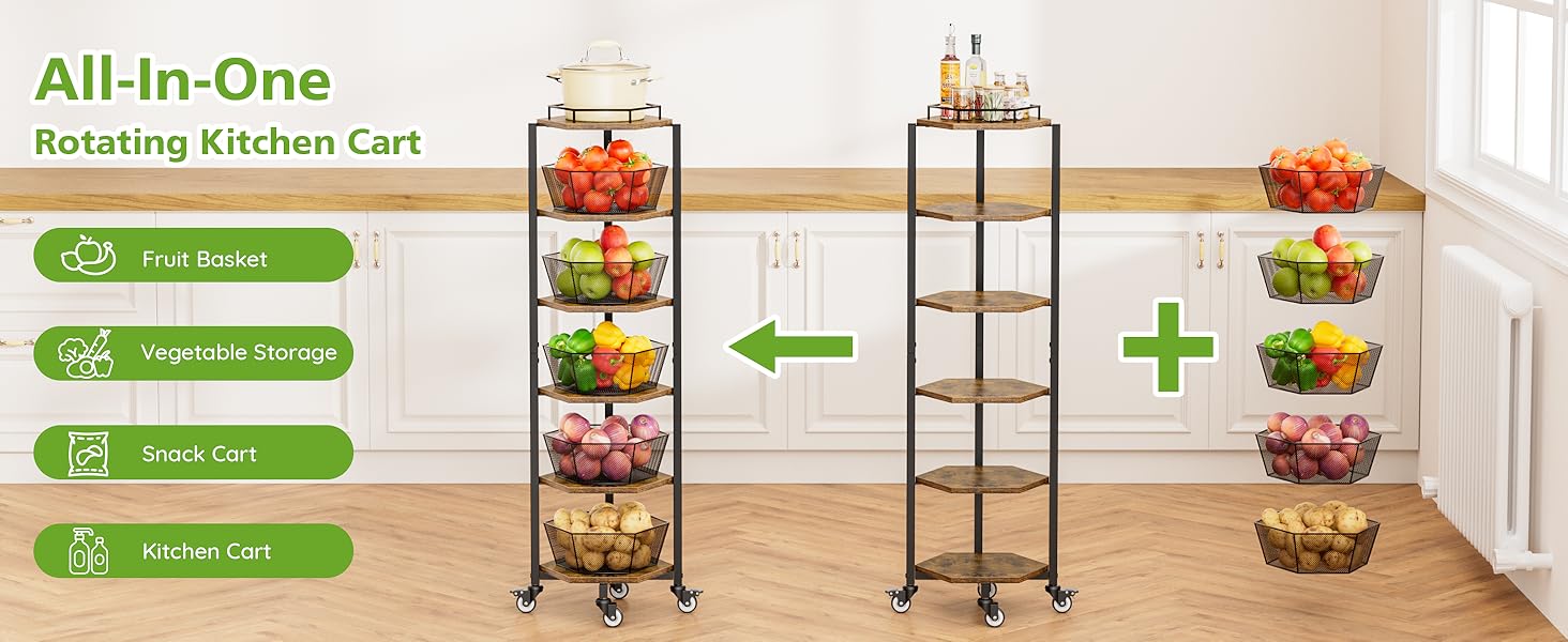 Fruit and Vegetable Storage Basket for Kitchen, 6 Tier Kitchen Cart on Wheels with Storage, Rolling Fruit Basket Stand with 5 Pack Fruit Bowl, Rotating Fruit Organizer Storage Cart for Potato, Onion