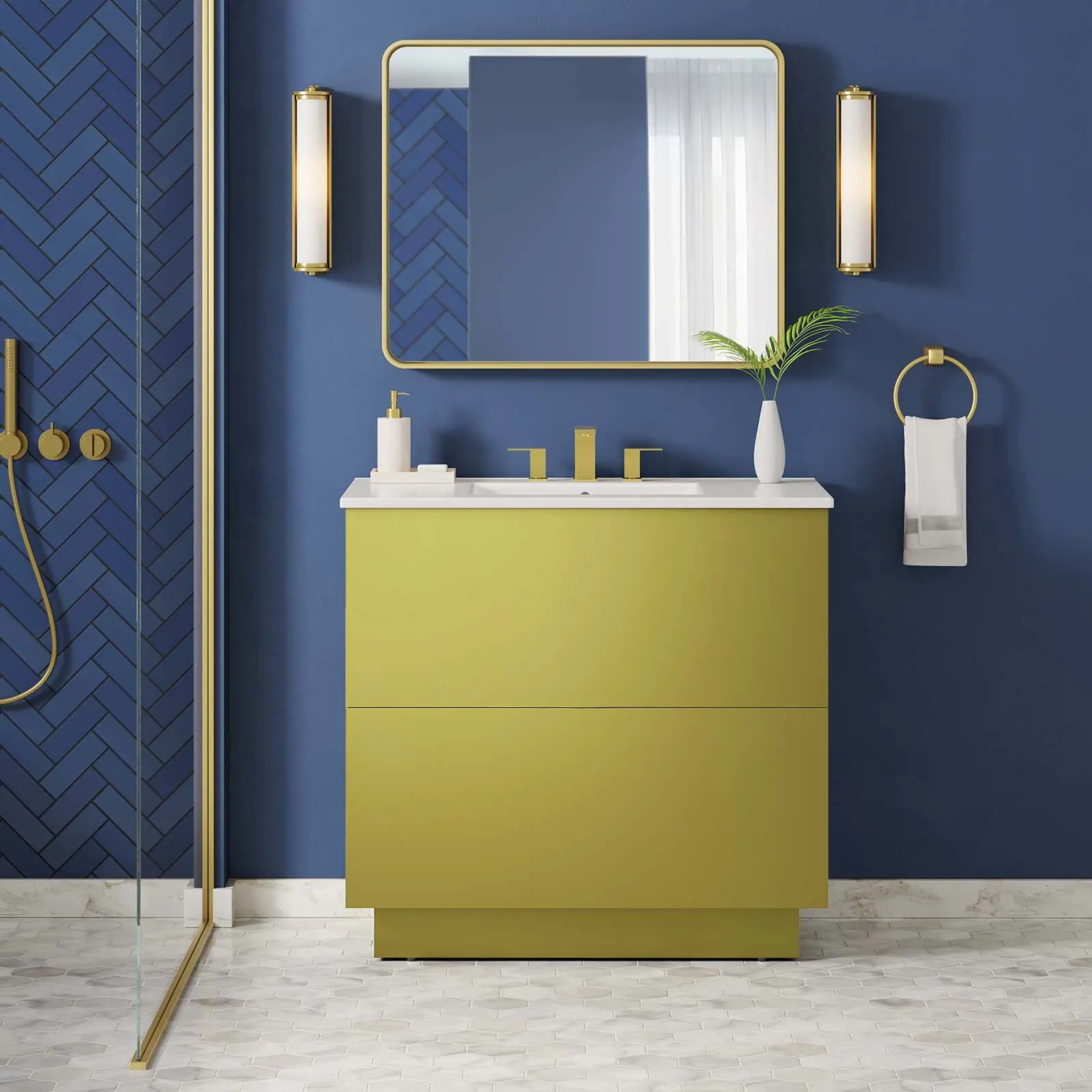 Modway Quantum 36-in Bathroom Vanity with Modern Storage Cabinet, White Gold Finish, Cayman 36-in Bathroom Sink, Integrated Countertop, Assembly Required, Cayman 36" Bathroom Sink