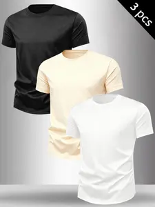 Men's 3-Pack Solid Classic Basic Short Sleeve T-Shirts, Casual Slim Fit Crew Neck Tees, Soft Cotton Daily Wear Tops, Versatile Undershirts #MensFashion #BasicTee #CasualWear #Streetwear #TikTokMadeMeBuyIt