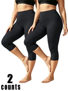 2-pack women’s plus-size capri pants—casual and comfortable, soft and breathable, highly stretchy with tummy control and butt-lifting design; summer casual athletic leggings. summervibes