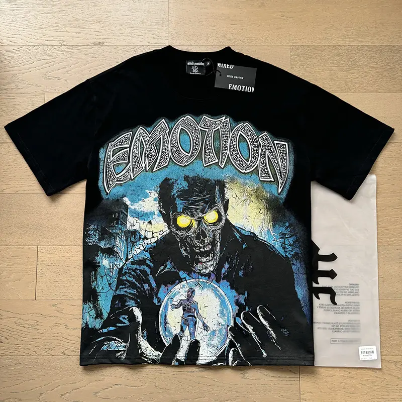Y2K 2026 MIXED EMOTION Rhinestone Zombie Graphic Tee 240g Heavyweight Black Cotton Oversized Retro Streetwear T-Shirt Unisex