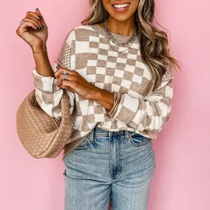 Women's Checkered Print Drop Shoulder Crew Neck Long Sleeve Sweater Causal Winter Outfit for Cozy Style Womenswear