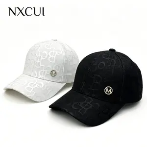 NXCUI Monogram Jacquard Baseball Cap, Luxury Black Casual Hat with Gold Emblem, Adjustable Structured Dad Hat for Men Women Rhinestone Logo