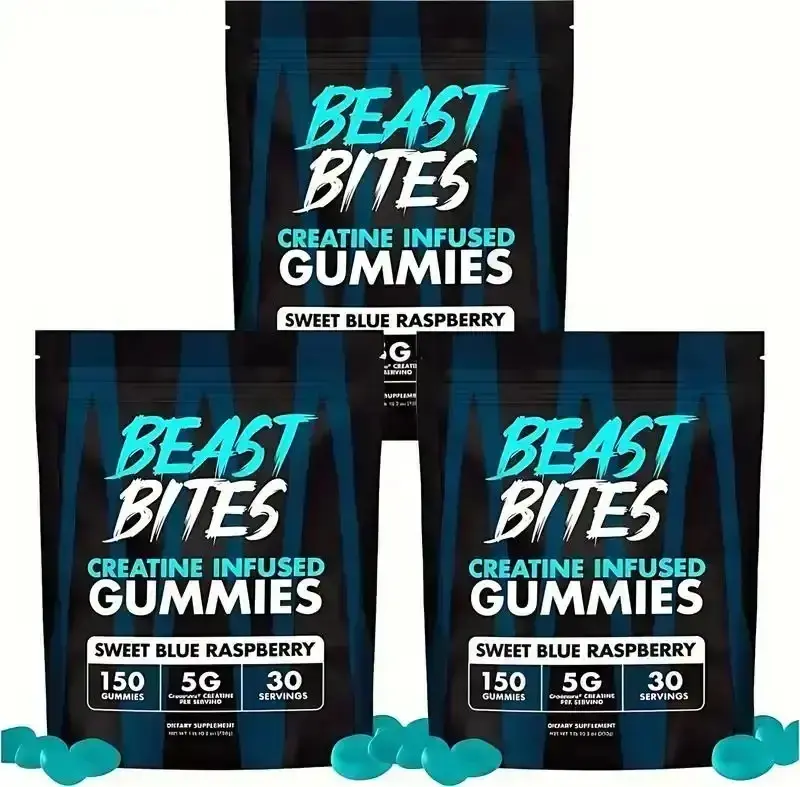 Beast Bites Creatine Infused Gummies with Creapure NSF Certified 5g Monohydrate per Serving Sweet Blue Raspberry Flavor Non-GMO Gluten Free Vegan