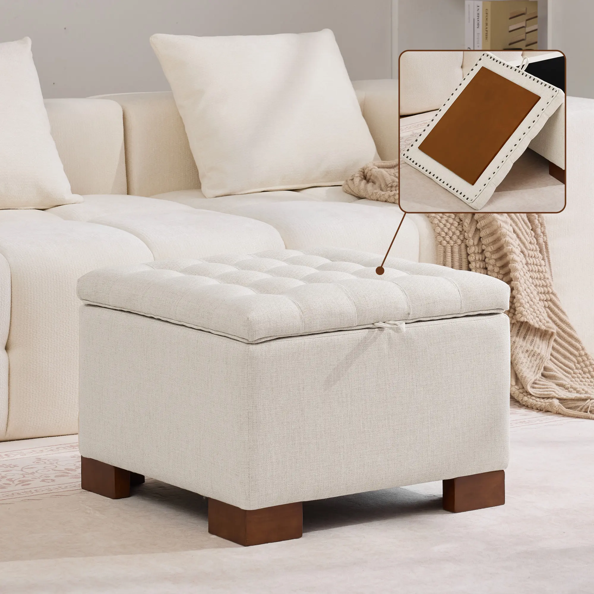 Fabric Square Storage Ottoman with Wooden Tray – Modern Tufted Button Footstool Coffee Table for Living Room & Bedroom, Real Wood Footstools & Ottomans, Padded Footstools & Ottomans