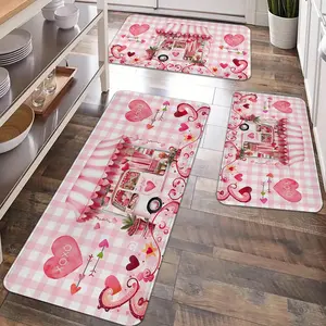 2/3pcs Valentine's Day decoration kitchen carpet, pink decorative dining car with heart pattern, anti slip floor mat, flannel soft easy to clean, suitable for bedroom, living room, dining room, kitchen, bathroom door mat, Home Decorative Rugs