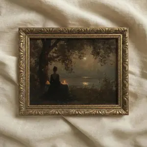 Victorian Moonlit Lake Painting Romantic Night Scene