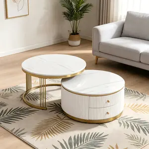 Modern 2 Pieces White Round Nesting Coffee Table with Drawers in 27.6'' - Gold Accent Legs & White Finish Design Foldable MDF Top Storage Drawers Elegant Living Room Furniture