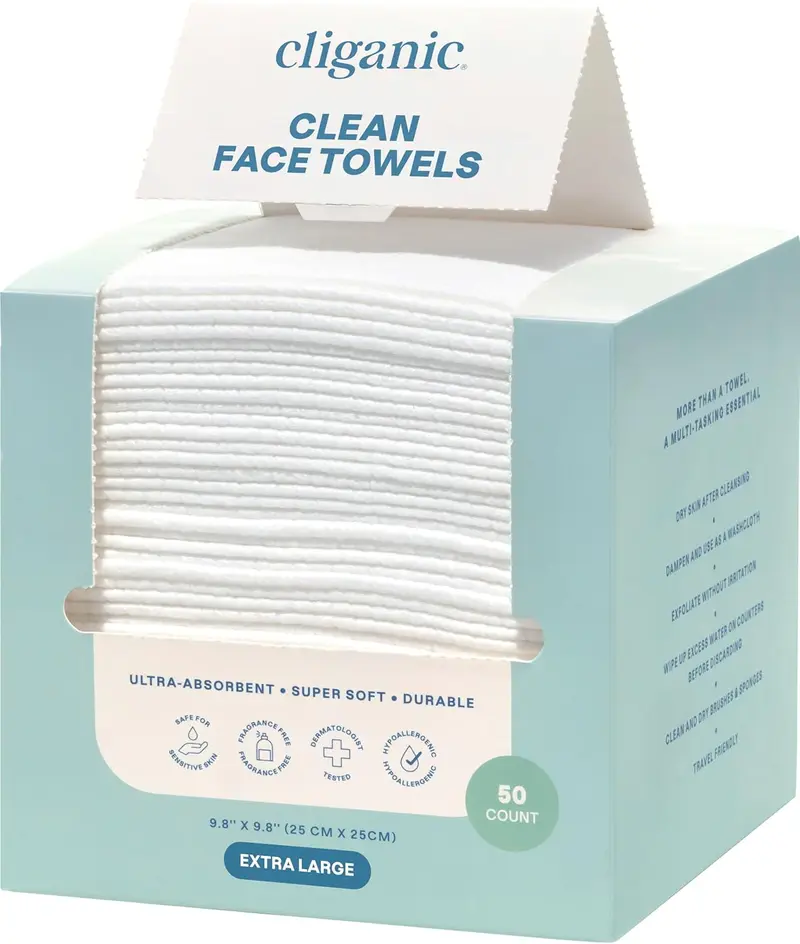 Cliganic Clean Face Towels XL, Disposable, Ultra-Absorbent, Hypoallergenic & Soft - Makeup Remover Dry Wipes, Pamper Your Face, Feel Fresh & Radiant, Hygienic Towelettes, for All Skin Types (50 Ct)