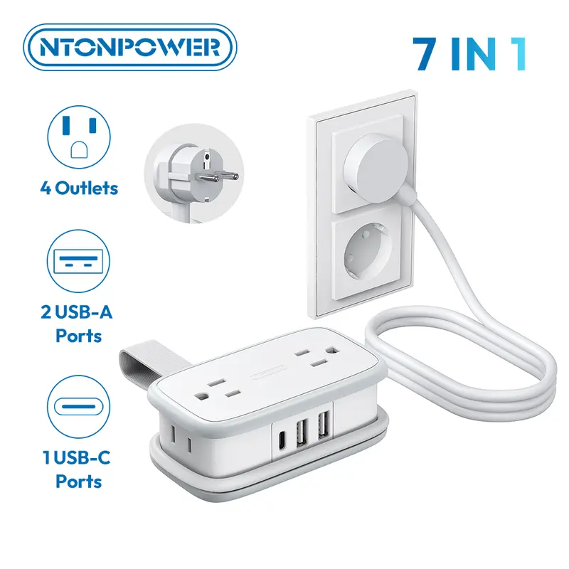 NTONPOWER Compact European Travel Plug Adapter - Type E/F for Italy, Plastic Body, 4 Universal Wall Sockets, 3 Ports (1 USB-C, 2 USB-A), 4 ft Cord with Nightstand Reach, 110v-250v, Home Improvement Electrical Accessory