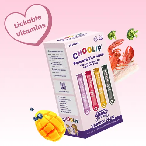 Choolip Squeeze Vita Stick Universal Vitamins Variety Pack Box - Lickable Cat Treats, Grain-Free, Gluten-Free, Creamy Puree with Real Chicken & Fish, Skin & Coat Support (20 Sticks)