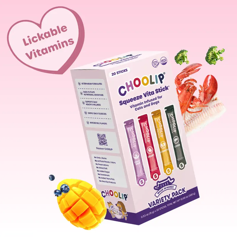Choolip Squeeze Vita Stick Universal Vitamins Variety Pack Box - Lickable Cat Treats, Grain-Free, Gluten-Free, Creamy Puree with Real Chicken & Fish, Skin & Coat Support (20 Sticks)
