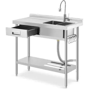 Freestanding Stainless Steel Utility Sink with Workbench,  Drawer, Commercial Kitchen Sink with Faucet, Hot & Cold Water, Storage Shelf, S-Hook, Knife Holder, Adjustable Leg for Indoor Outdoor