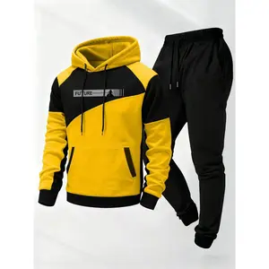 Men's sports suit, men's two-piece contrasting hooded sweatshirt+casual pants, trendy brand style black and yellow splicing sports two-piece set, explosive street style outfit