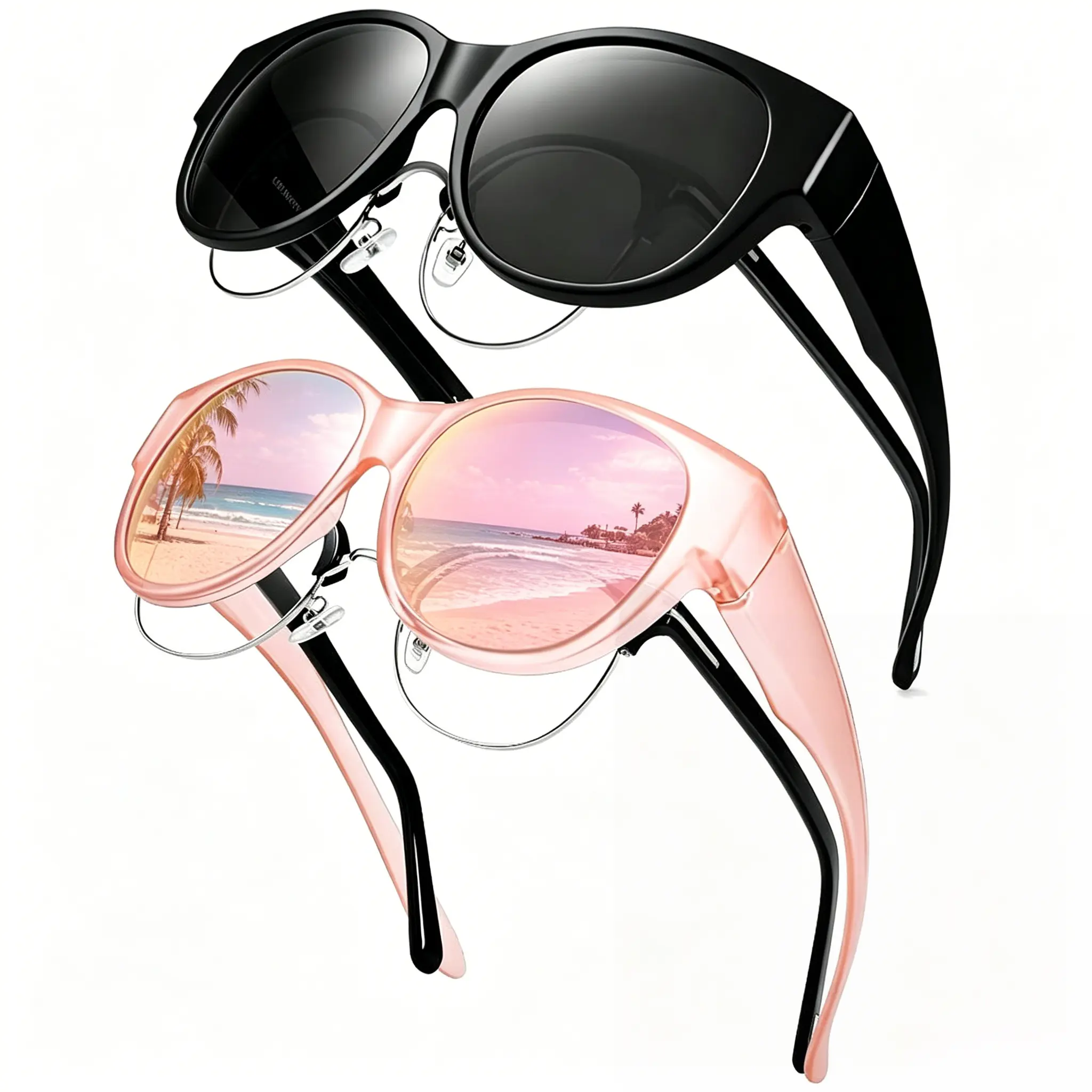 【FitOver Sunglasses】2Pcs Oversized Over Glasses Sunglasses for Women Square Fit Over Polarized Sun Glasses UV400 Beach Travel Eyewear