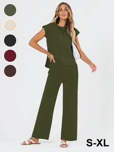 Women's Spring & Fall Everyday Casual Loungewear Home Set, Comfortable Fitted Suit with Plain Round Neck Top and Straight Leg Pants, Chic Fashionable Two-Piece Outfit