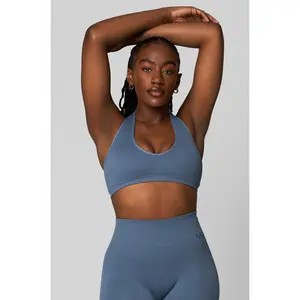Dusty Blue Seamless Ribbed Halter Bra