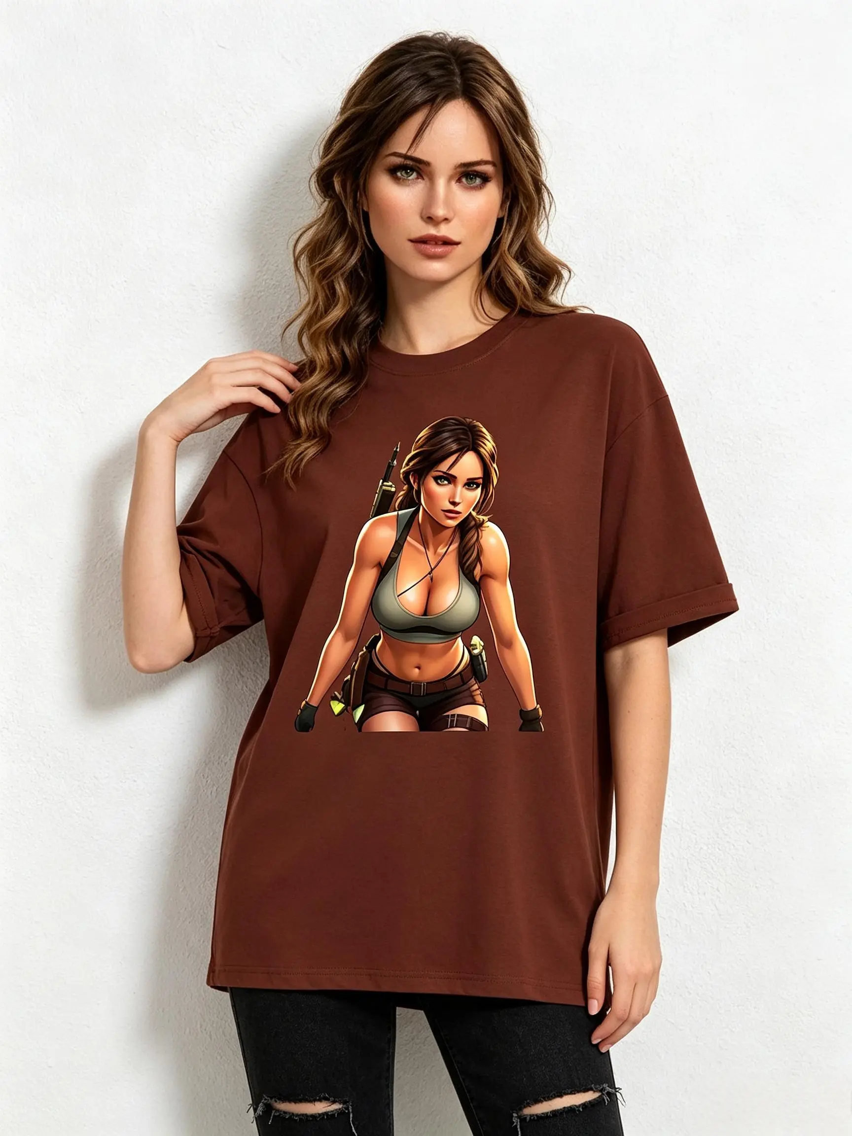 Women's Fitted Cotton Crew Neck Short Sleeve Tshirt - Chocolate Brown, Viral TikTok Game Graphic, Lara Croft Print, Gym Use, Casual Beach Top, Comfortable Fabric, Stylish Sohochic Top