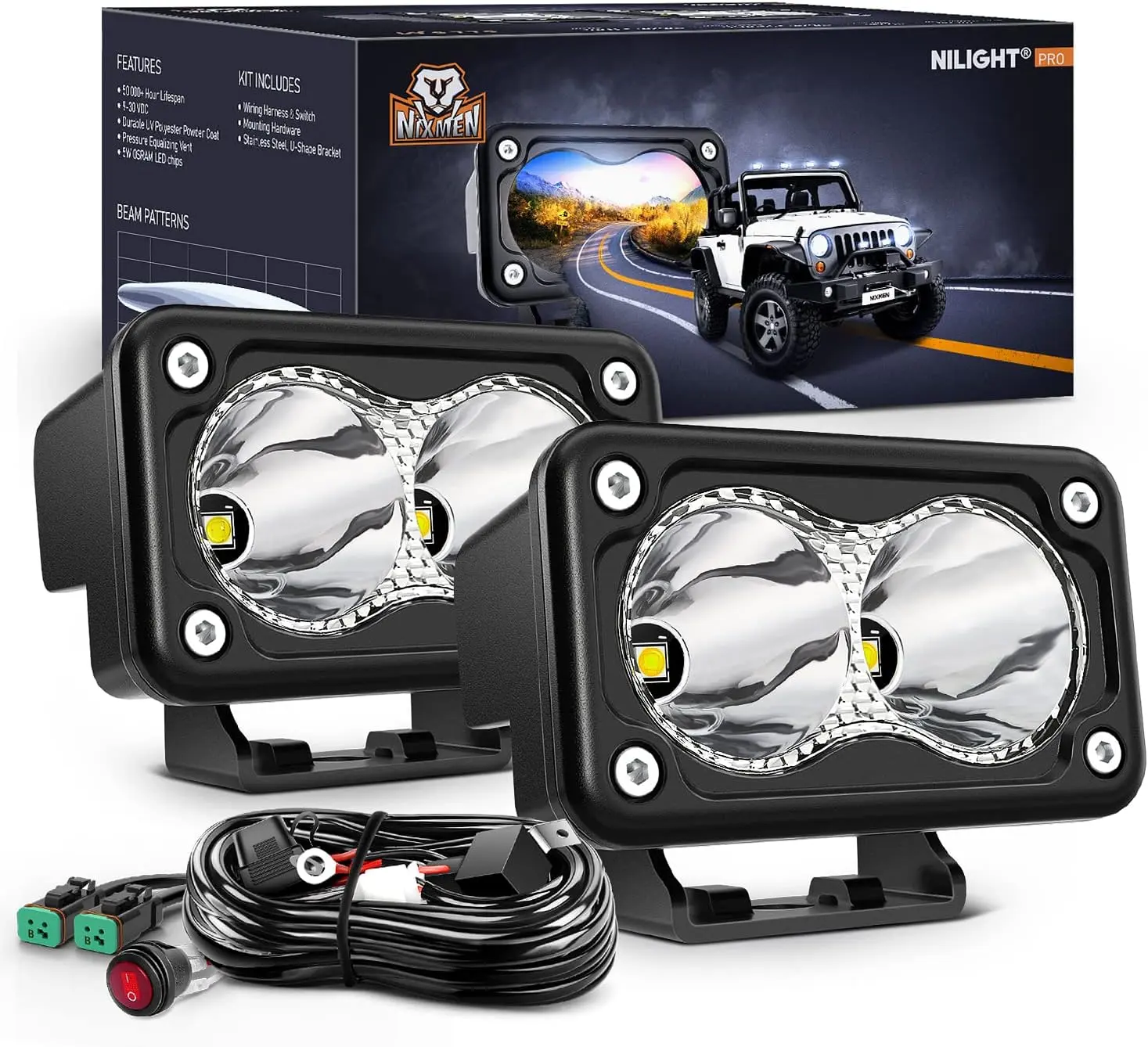 Nilight 2PCS 3In Motorcycle LED Pods Spotlight - High-Intensity 1300LM Motorcycle LED Lights, Built-in EMC, Aluminum Housing, 16AWG DT Plug-Play Wiring Kit for Motorbikes, Long-Range Offroad Vehicles