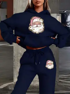 Christmas Theme Fall Winter Sweatshirt Set, Gold Santa Element, Casual Fitted, Comfortable Daily Wear