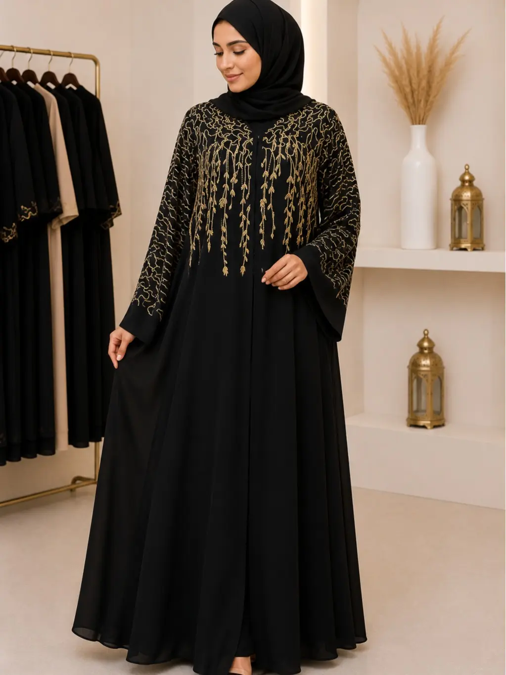 Women's Islamic Modest Fashion Black & Gold Embroidered Open Abaya - Long Sleeve, Flowing Silhouette, Elegant Design, Sizes 58 & 60, Ideal for Special Occasions