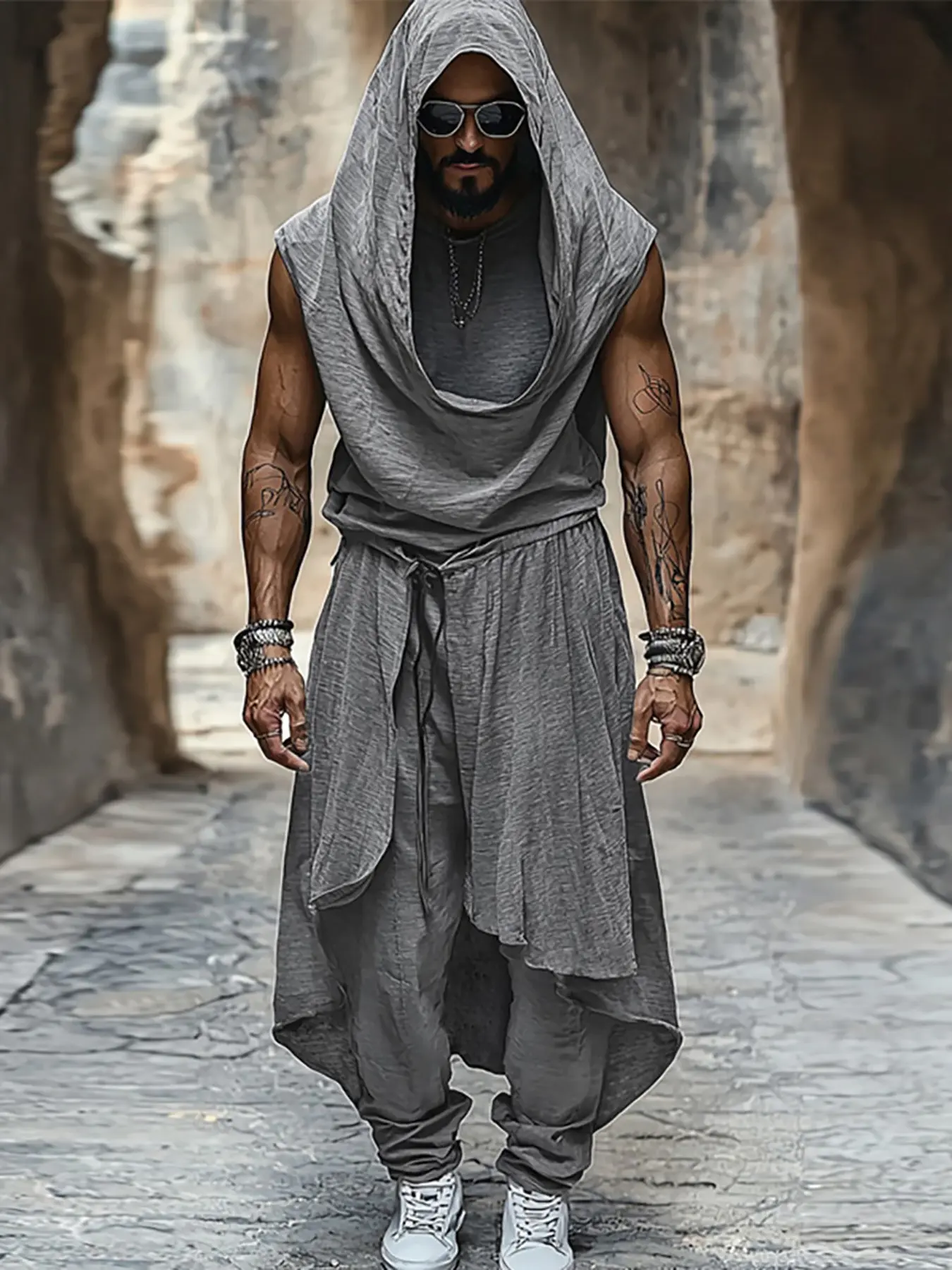 INCERUN Fashion Two-piece Suits Men Causal Basic Sleeveless Hoodies Solid Color Outfits Commuting American Style Oversize 2PCS Sets Streetwaer Clothes