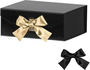 Luxury Magnetic Gift Box with Ribbon – Collapsible Glossy Black Present Box for Weddings, Groomsmen & Special Gifts (8x7x3.3 in)