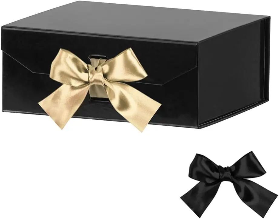 Luxury Magnetic Foldable Glossy Surface Thick Cardboard Gift Box with 2 Ribbons - Collapsible Black Present Box for Weddings, Groomsmen Gifts (8x7x3.3 in), Two Ribbons