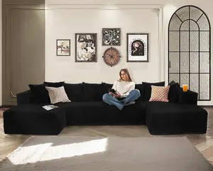 【3 Packages】132" Cloud Sectional Couches for Living Room U Shaped Boneless Sleeper Sofa Bed with Deep Seat Chaise High Density Foam Compression Modular Black Corduroy Couch with 8 Pillows No Assembly Aluminum Gazebo Double Roof