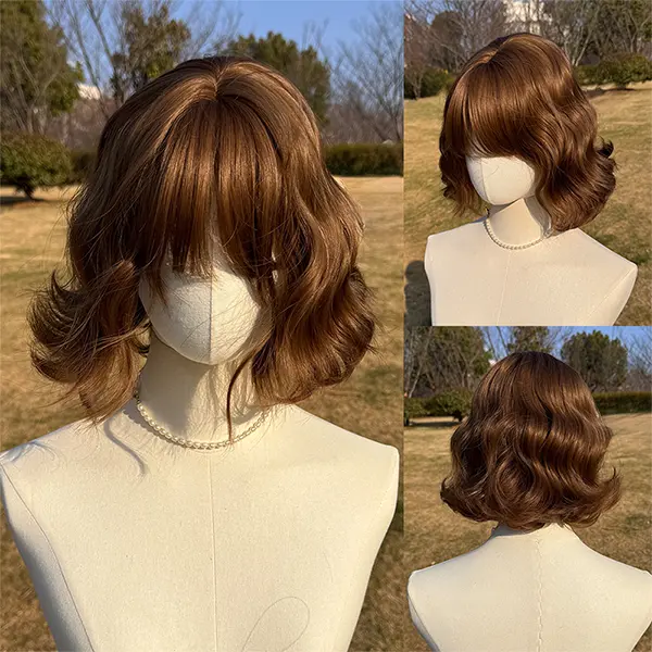 Smilco 10 Inch Short Wavy Brown Synthetic Wig with Bangs for Women, Bob Style Full Machine Made Hairpiece with a Natural Look, Synthetic Material Wigs, Brown Wig