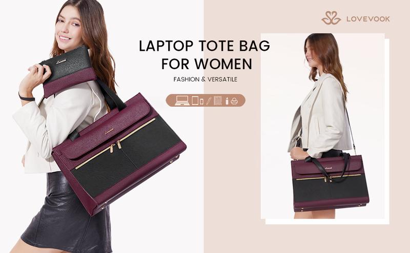 【Valentine's Day Gift】LOVEVOOK Laptop Tote Bags 15.6-17.3 inches for Woman with Clutch Purse, Large Business Teacher Office Crossbody Purse with 2 Cup Holder, Compact Waterproof Vegan Leather Shoulder Bags and Computer bag for Work, Office, Casual