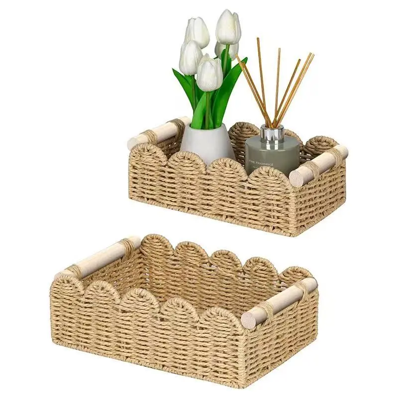 2-piece set Handwoven Paper Rope Storage Basket with Wooden Handles, Decorative Countertop Organizer for Bathroom, Kitchen and Vanity