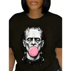 Frankenstein Monster Bubble Gum T-Shirt, Unisex Vintage Halloween Graphic Tee, Retro Spooky Novelty Short Sleeve Apparel for Men and Women, Aesthetic Monster Culture Fashion Top, Classic Horror Character Streetwear Shirt