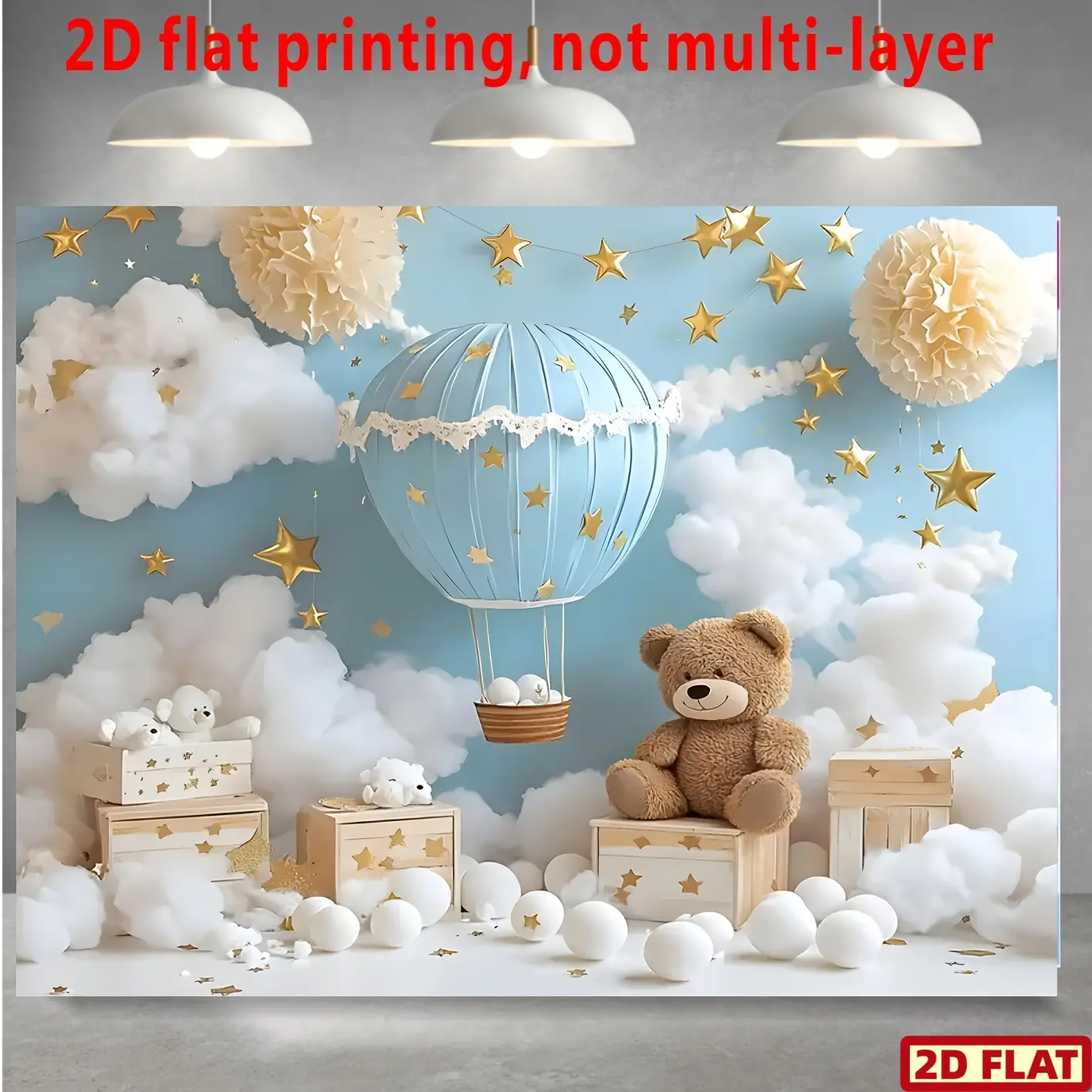 2D Flat Banner, 1pc hot air balloon bear background blue sky and clouds starry sky for shower parties, holidays, birthdays, Party Background Decoration, vinyl photography background, Shimmer Wall Backdrop, Wall Decor Banner