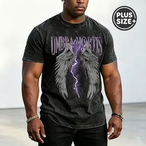 Plus Size Men's "Umbra Mortis" Wings & Lightning Washed Tee | Gothic Streetwear Shirt,Dark Aesthetic Plus Size Top