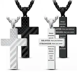 Stainless Steel American Flag Cross Necklace patriotic chain monday holiday gift