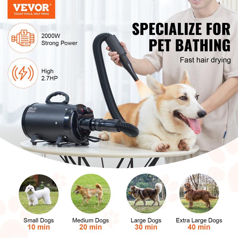 VEVOR Dog Dryer, TikTokShopBlackFriday, 2000W/2.7HP Dog Blow Dryer, Pet Grooming Dryer with Adjustable Speed and Temperature Control, Pet Hair Dryer with 4 Nozzles and Extendable Hose, Black