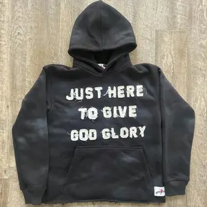 Cross-themed “Just Here to Give God Glory” hoodies — urban faith fashion; embroidered distressed men’s streetwear sweatshirts/tops; pullover long sleeves; black casual design; wetsuit–style motocross motif