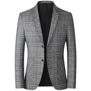 Men's Plaid Print Button Front Blazer, Regular Fit Long Sleeve Pocket Lapel Neckline Blazer, Business Suit Jacket For Work Office