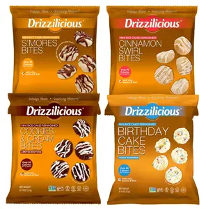Mini Sized - 0.74 Ounce Bags - Drizzilicious Cookies & Cream, S’mores, Birthday Cake & Cinnamon Bites - 4-Pack Snack-Size Single-Serve Rice Crisps, Healthy Gluten-Free Vegan Treats, 90 Calories Per Bag, 0.74 oz Each