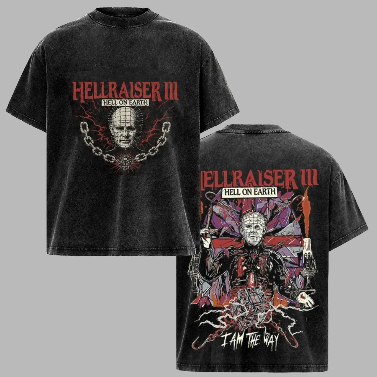 Hellraiser III Hell On Earth Vintage Horror Graphic T-Shirt Hoodie, Pinhead Chain Puzzle Box Washed Black Tee, Retro Scary Movie Shirt, Cult Horror Poster Art, Halloween Streetwear, Unisex Horror Fan Gift O6X