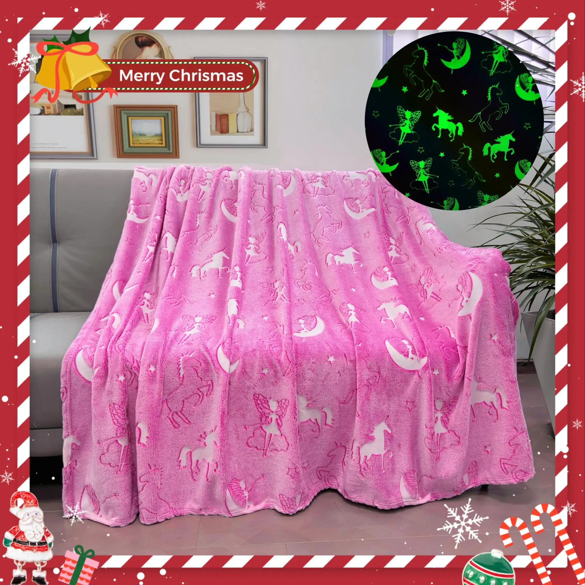 Throw Blanket, 1 Count Unicorn Star Heart Pattern Glow In The Dark Blanket, Office Nap Blanket, Soft Fluffy Luminous Throw Blanket, Breathable Warm Ke