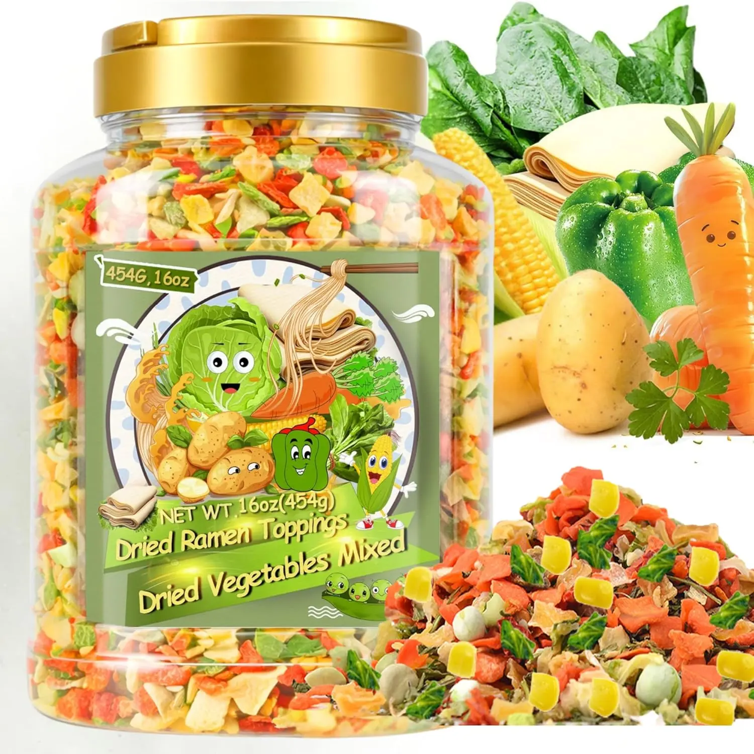 9-Veggie Toppings for Ramen, 16oz All Natural Vegetable Instant Ramen Toppings, Dehydrated Veggies for Noodles, Soups, Camping, and Emergency Food, No Additives, 1 LB Caniste