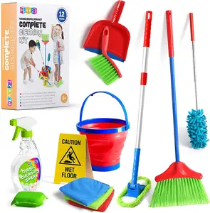 Play22 Kids Toy Cleaning Set 12 Piece - Broom Mop Brush Dust Pan Duster Sponge Clothes Spray Bucket Caution Sign Toddler Set