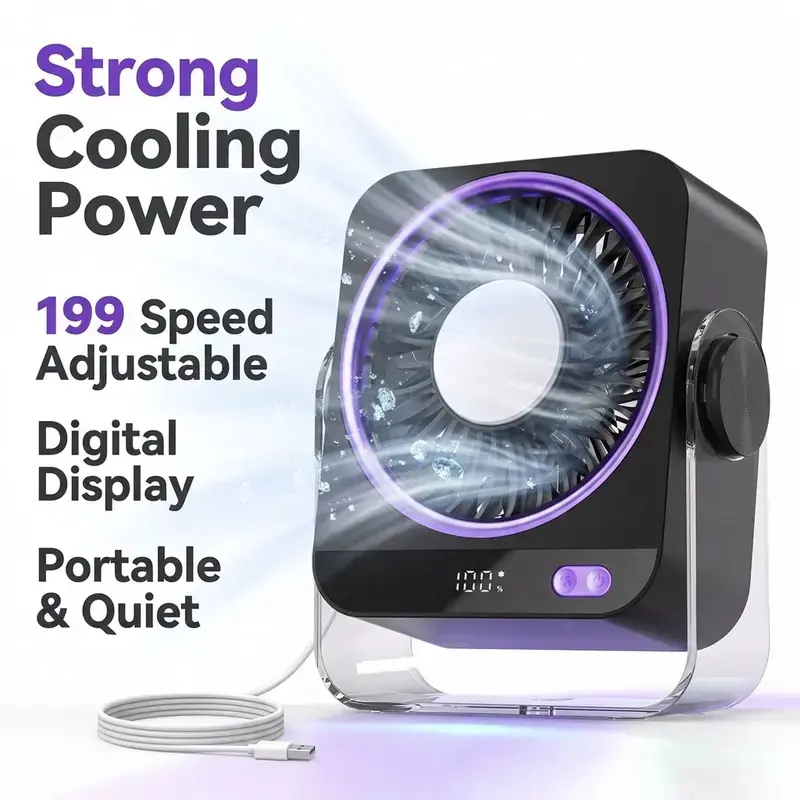 Desk Turbo Cooling Fan, 199 Adjustable Wind Speed Levels, 120° Rotatable Head, Digital LED Display, USB Rechargeable Personal Table Fan, Quiet Portable Fan for Bedroom Office Dorm