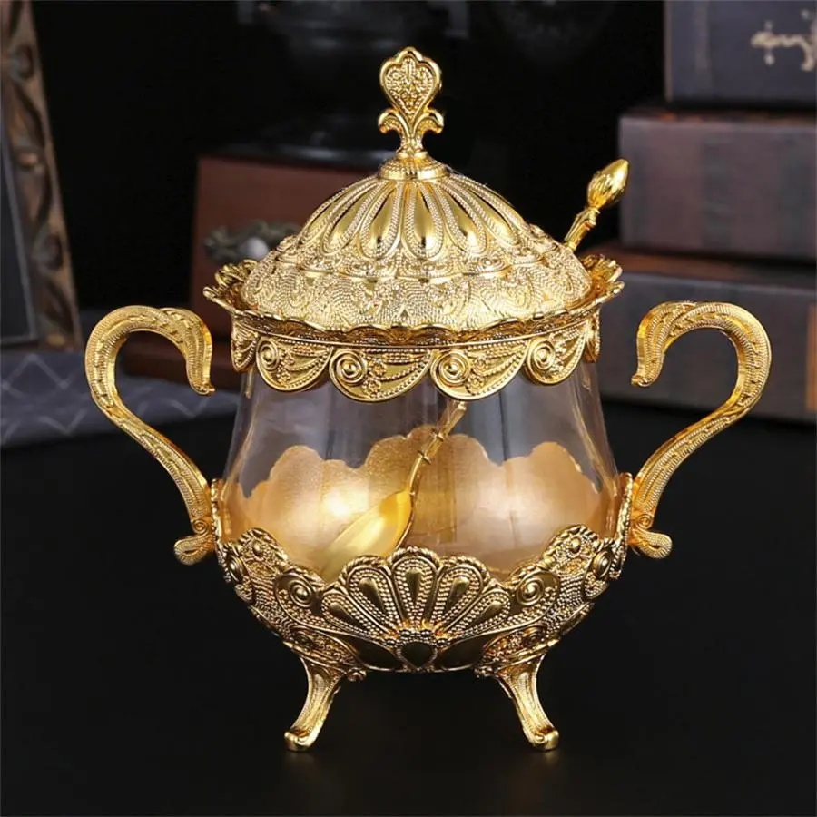 Glass & Metal Seasoning Jar with Spoon, Creative Palace Style European Style Seasoning Jar, Seasoning Storage Jar for Home Kitchen Restaurant, Utensils, Kitchenware, Seasoning Containers