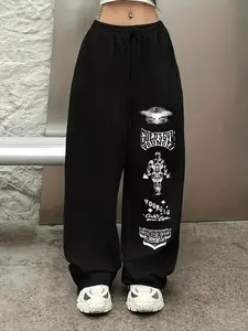 Gothic Style Printed Straight-Leg Sweatpants, Loose Fit, Unisex, Casual Street Wear, Comfortable Sports Pants, All Season, Sports Bottoms