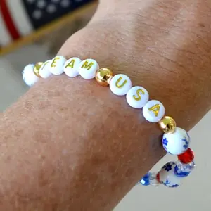 1Pc Women’s Patriotic Letter Stretch Beaded Bracelet, Red White Blue Crystal & Floral Beaded Stackable Bracelet, Boho Casual Jewelry for Summer, BBQ Parties & Holiday Celebrations unisex festival gift